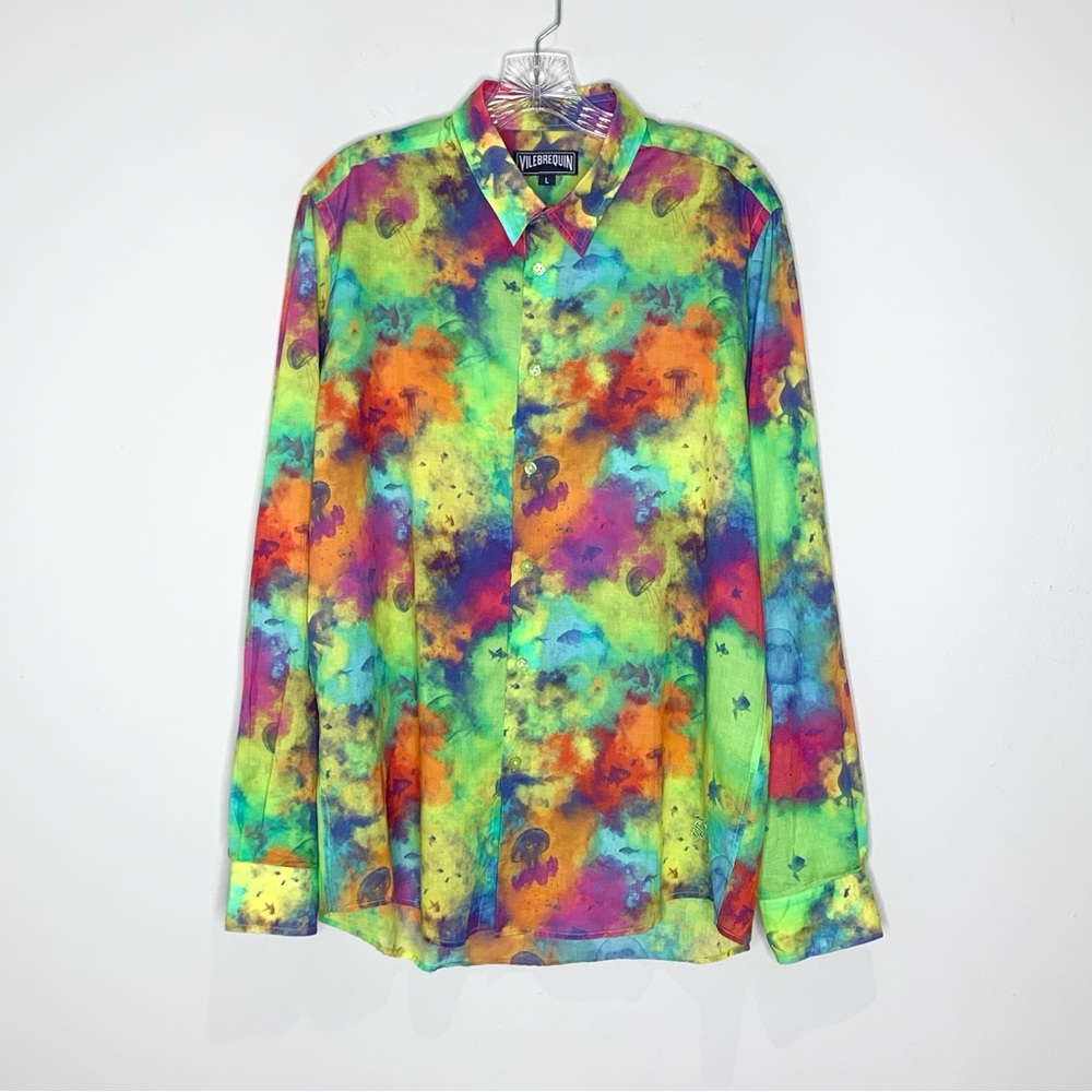 Vilebrequin Caracal Button Up Shirt (Sz L) Long Sleeve Cotton Voile Neon Multi